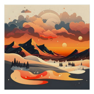 Poster Paysage de la montagne Sunset Retro