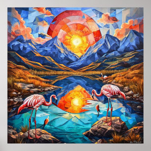 Poster Paysage de lac de montagne et de flamants roses