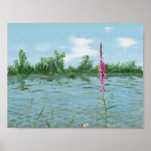 Poster paysage de lac et fleurs sauvages couleur d'eau ar