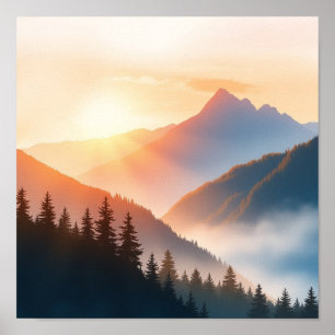 Poster Paysage de montagne à l'aquarelle sérénité - Art m