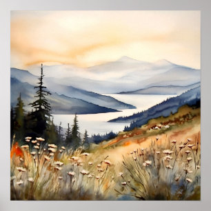 Poster Paysage de montagne aquarelle peinture art Imprime