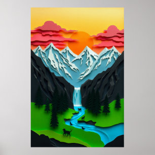 Poster Paysage de montagne en 3D en papier découpé
