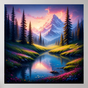 Poster Paysage de montagne panoramique avec reflets du la