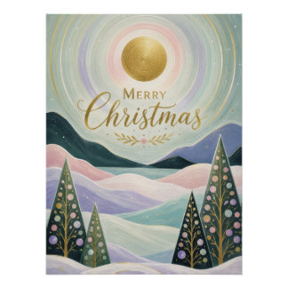 Poster Paysage de montagne pastel au soleil doré de Noël