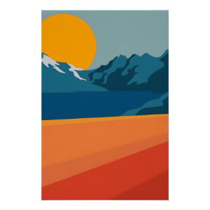 Poster Paysage de Montagne Rouge et Bleue - Retro Outdoor