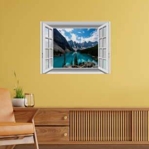 Poster Paysage de montagnes et de lac 3D Vue de fenêtre f