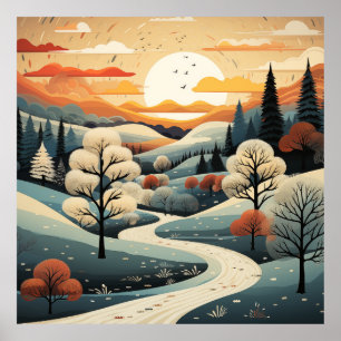 Poster Paysage de Noël coloré Abstrait rétro