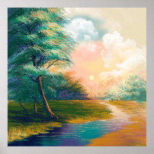 Poster Paysage de peinture d'Art numérique, rivière au pr