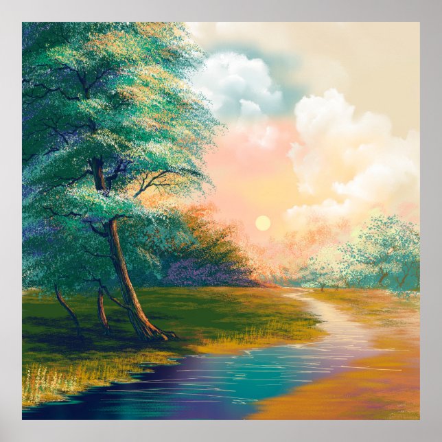 Poster Paysage de peinture d'Art numérique, rivière au pr (Devant)