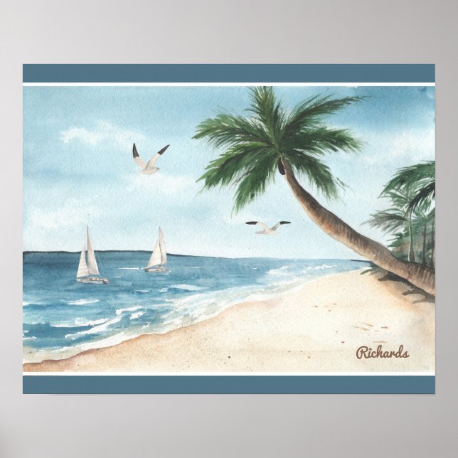 Poster Paysage de plage avec voiliers Aquarelle Bleu (Devant)
