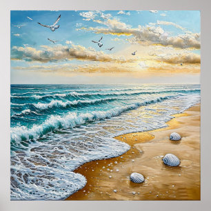 Poster Paysage de plage serein avec des vagues et des coq