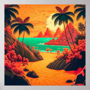 Poster Paysage de plage tropicale en été coloré  