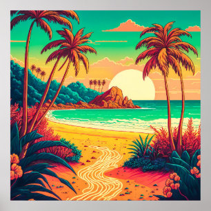 Poster Paysage de plage tropicale en été coloré  