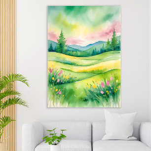 Poster Paysage de prairie aquarelle avec collines et arbr