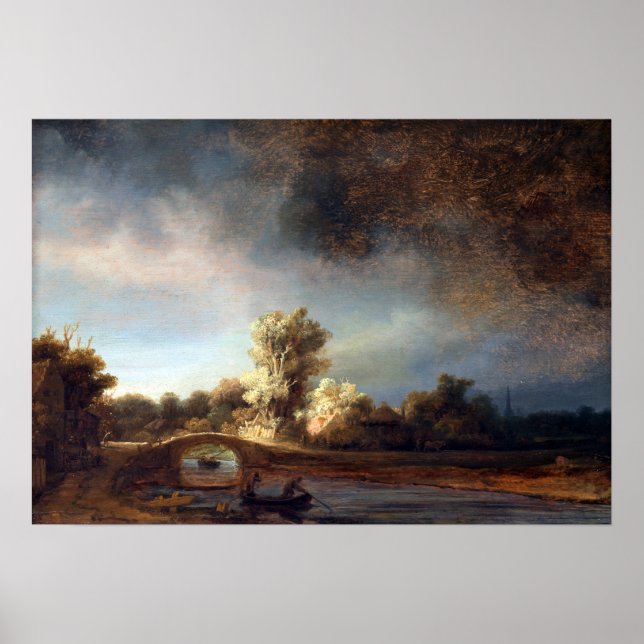 Poster Paysage de Rembrandt avec pont de pierre (Devant)