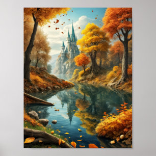 Poster Paysage de rêve automnal avec château magique et r