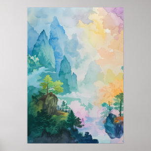 Poster Paysage de rêve coloré avec arbres et montagnes