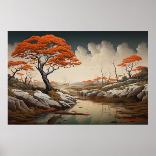 Poster Paysage de rêve d'automne doré avec fantaisie d'or
