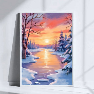 Poster Paysage de rivière hivernale au coucher du soleil 
