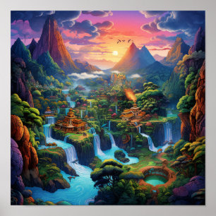 Poster Paysage de terre de fantaisie colorée de la nature