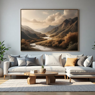 Poster Paysage de vallée de montagne à l'heure dorée