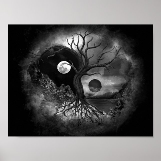 Poster Paysage de Yin Yang Tree noir et blanc (Devant)