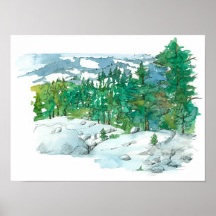 Poster Paysage des montagnes d'hiver Roches Arbres À feui