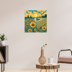 Poster Paysage des tournesols aquarelle dans le style Van