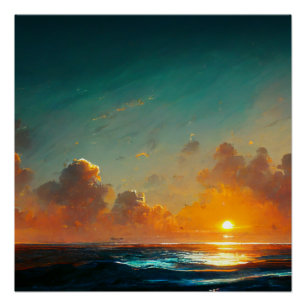 Poster Paysage des vagues océaniques au coucher du soleil