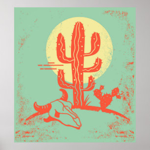 Poster Paysage désertique avec cactus et crâne de vache.