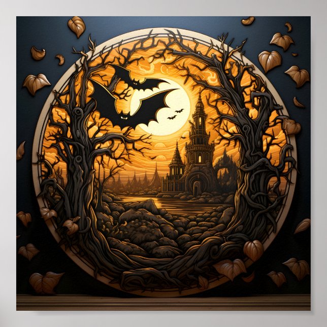 Poster Paysage D'Halloween Dans La Forêt Avec Chauve-Feu  (Devant)