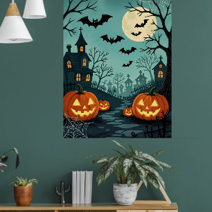 Poster Paysage d'Halloween foncé avec chauves-souris et a