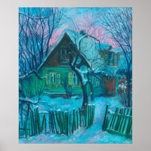 Poster Paysage d'hiver Ancien gîte Maison Pastel Peinture