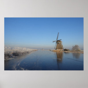 Poster Paysage d'hiver avec moulin à vent et glace