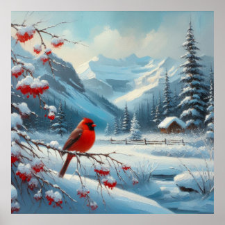 Poster Paysage d'hiver et d'oiseaux rouges 7