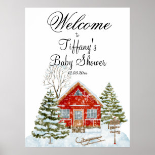 Poster Paysage d'hiver Maison rouge Baby shower Bienvenue