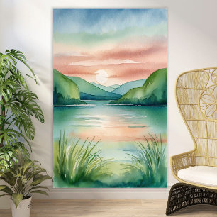 Poster Paysage du lac d'aquarelle avec montagnes et couch