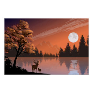 Poster Paysage du lever du soleil avec lac et Deers-51207