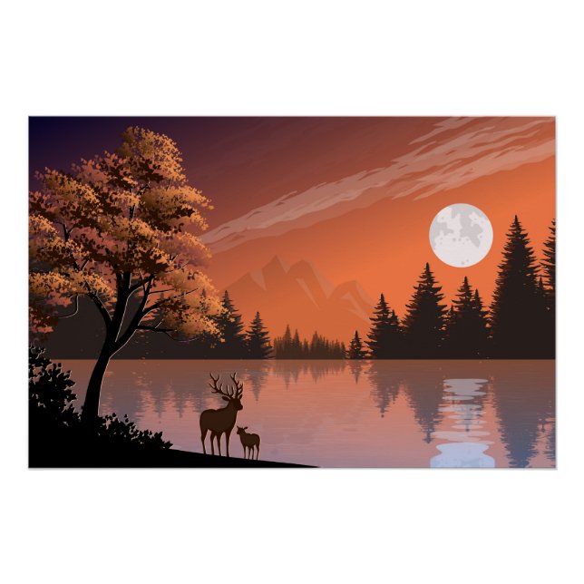 Poster Paysage du lever du soleil avec lac et Deers-51207 (Devant)