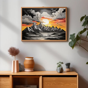 Poster Paysage du lever du soleil de la montagne rustique