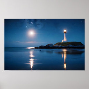 Poster Paysage du phare Côte Océan Calme Mer Nuit