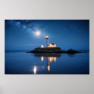 Poster Paysage du phare Côte Océan Calme Mer Nuit