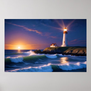Poster Paysage du phare Côte Océan Vagues coucher du sole