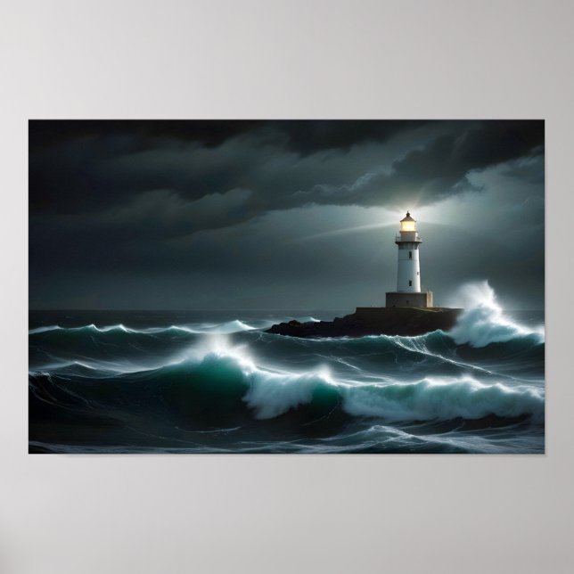 Poster Paysage du phare Côte Océan Vagues Nuit Mer (Devant)