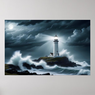 Poster Paysage du phare Côte Océan Vagues Nuit Mer