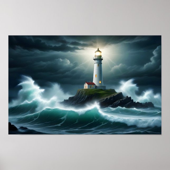 Poster Paysage du phare Côte Océan Vagues Nuit Mer (Devant)