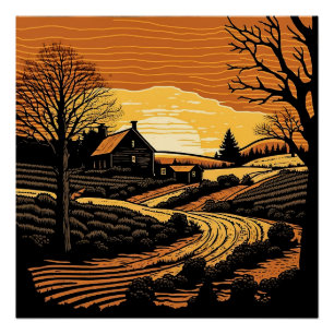 Poster Paysage en gravure sur bois