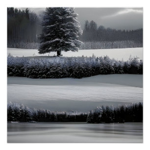 Poster Paysage et arbre d'hiver, noir et blanc - art