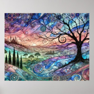 Poster Paysage Fantastique avec Arbre et Coucher de Solei