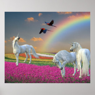 Poster Paysage Fleur Arc-en-Ciel Licorne Magique Beau